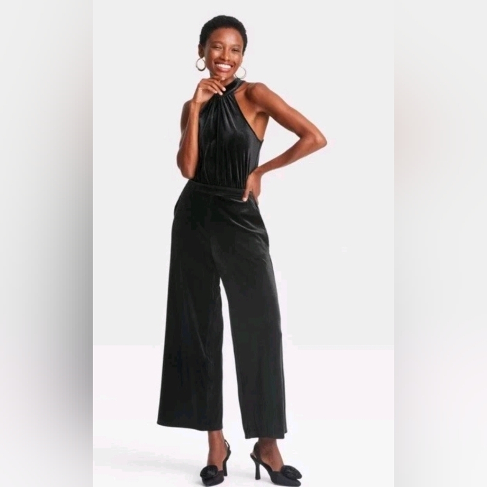 A New Day Black Velvet Jumpsuit Halter Neckline